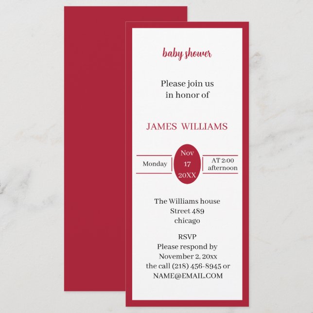 Invitación Baby Shower simple rojo personalizado (Anverso / Reverso)