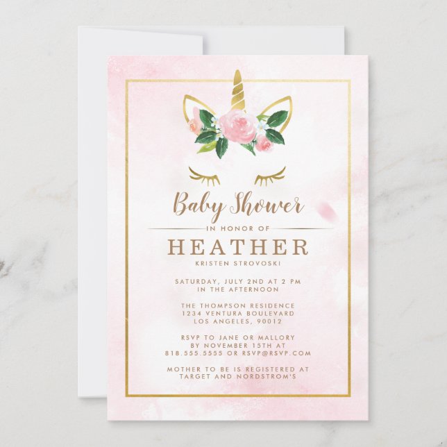 Invitación Baby Shower simple rosa y dorado Unicornio (Anverso)