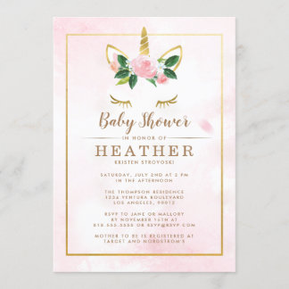 Invitación Baby Shower simple rosa y dorado Unicornio