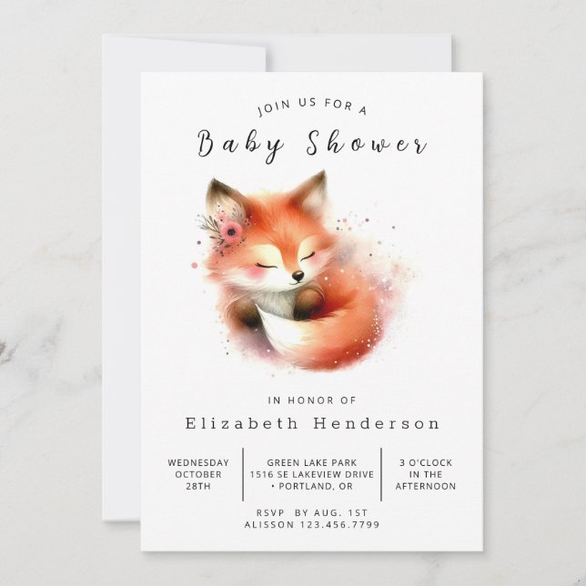 Invitación Baby Shower simple y simple de Fox (Anverso)