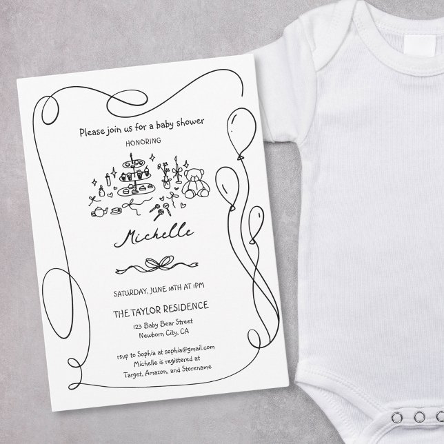 Invitación Baby Shower singular de estilo caprichoso (Cute Whimsical Hand Drawn Bear Baby Boy Shower Invitation with balloons frame)