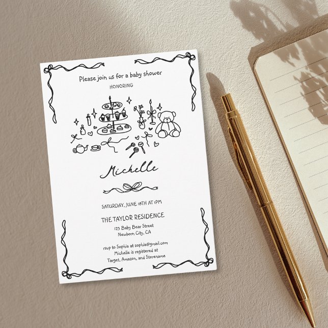 Invitación Baby Shower singular de estilo caprichoso (cute whimsical hand drawn doodle for baby shower invitation with cake, cookies, teddy bear, tea...)