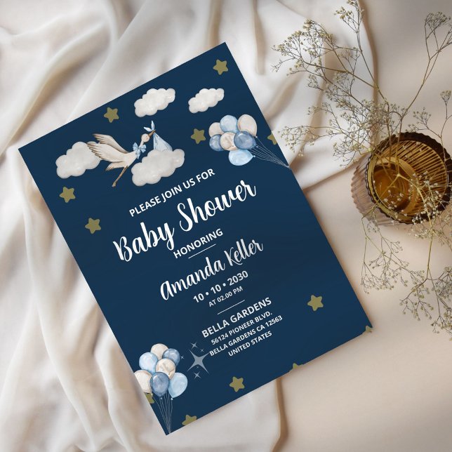 Invitación Baby Shower Sky Stork de la noche de la marina (Subido por el creador)