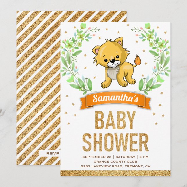 Invitación Baby Shower sobre el azafrán de la selva (Anverso / Reverso)