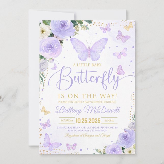 Invitación Baby Shower sobre el tema de la mariposa Chica púr (Anverso)