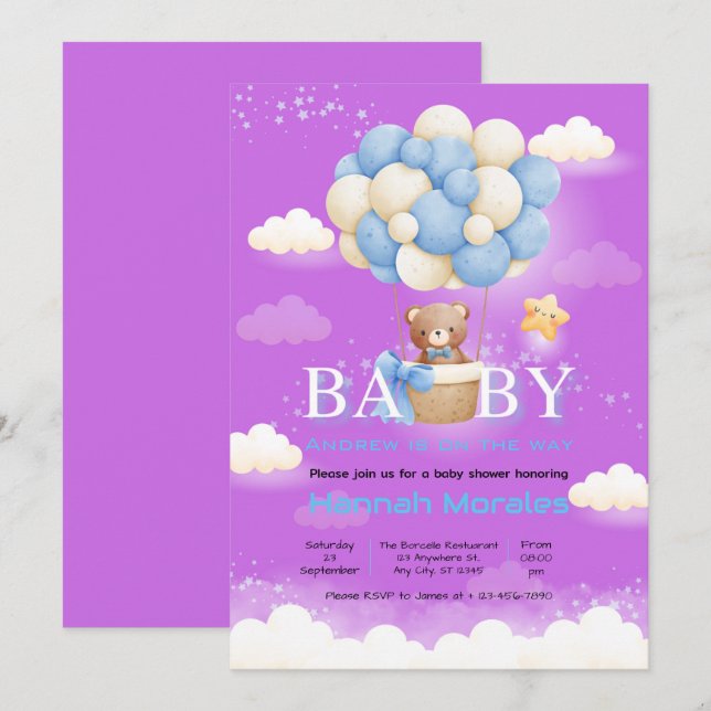 Invitación Baby Shower sobre el tema del oso bebé (Anverso / Reverso)