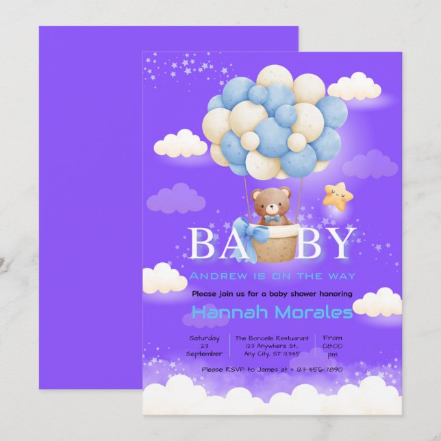 Invitación Baby Shower sobre el tema del oso bebé (Anverso / Reverso)