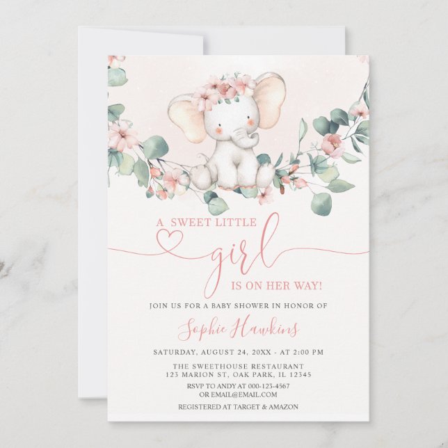 Invitación Baby Shower sobre elefante pequeño y dulce rosa de (Anverso)