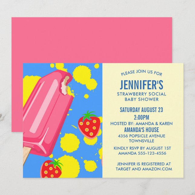 Invitación Baby Shower social Popsicle Strawberry (Anverso / Reverso)