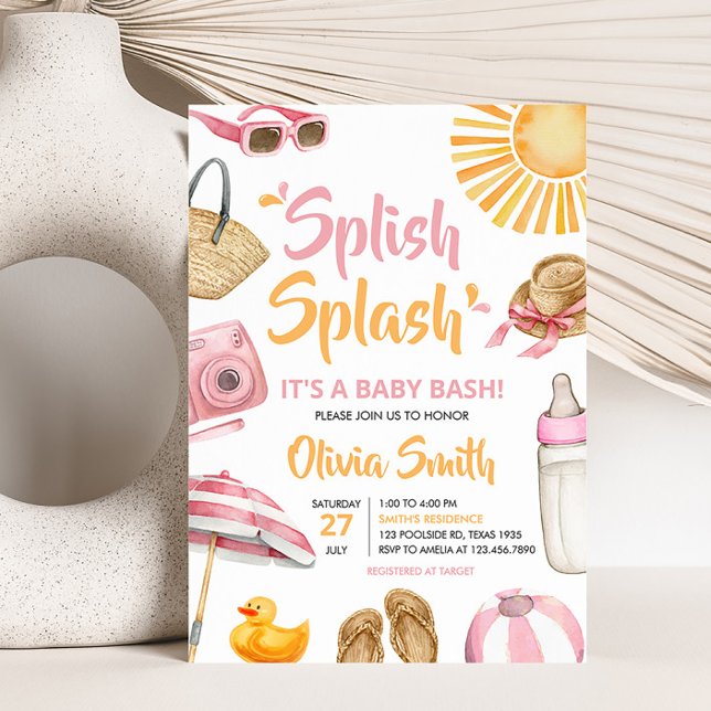 Invitación Baby Shower Splash Rosado (Girl Summer Beach Baby Shower Invitation)