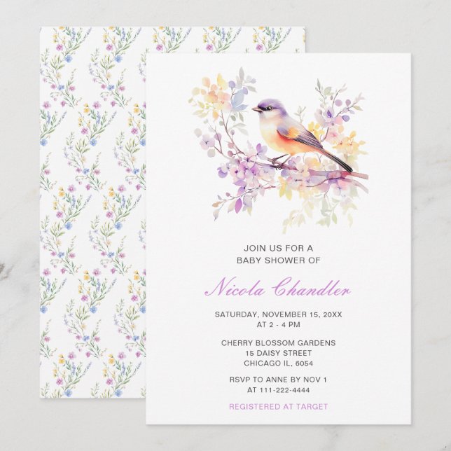 Invitación Baby Shower Spring Cute Bird (Anverso / Reverso)