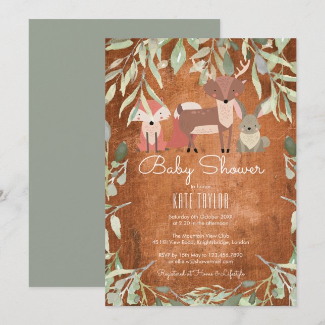 Invitación Baby Shower/Sprinkle de animales de bosque rústico (Anverso / Reverso)