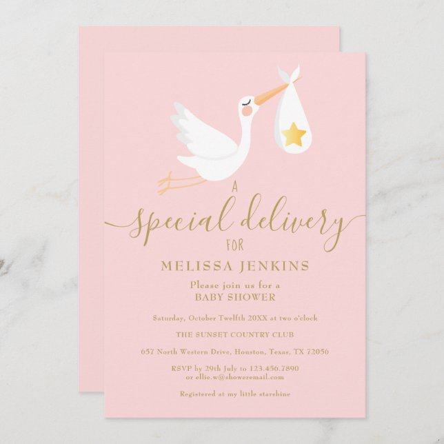 Invitación Baby Shower Sprinkle Special Delivery Stork Pink (Anverso / Reverso)