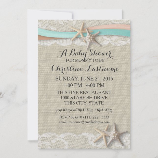 Invitación Baby Shower Starfish and Ribbon Aqua Peach (Anverso)
