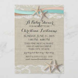 Invitación Baby Shower Starfish and Ribbon Aqua Peach