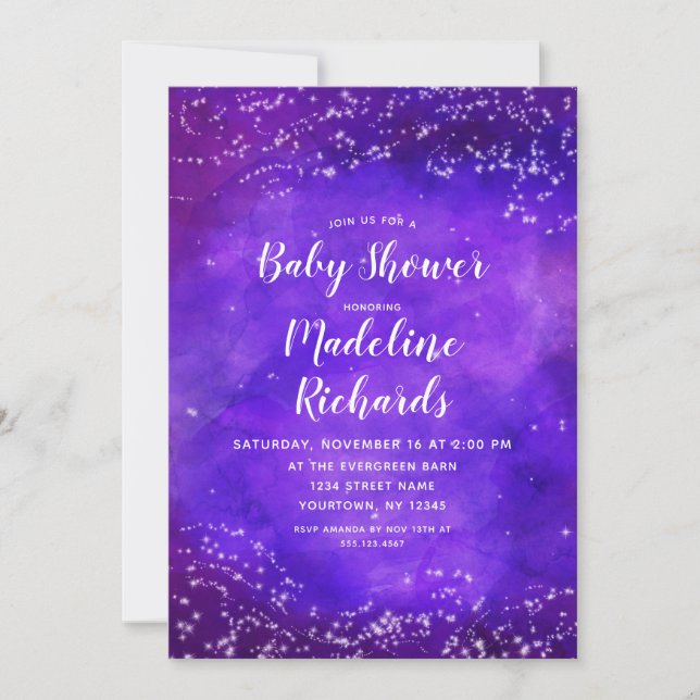 Invitación Baby Shower Starry Night Galaxy Purple (Anverso)