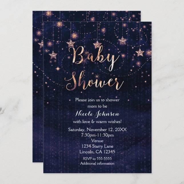 Invitación Baby Shower Starry Night Purple & Gold (Anverso / Reverso)