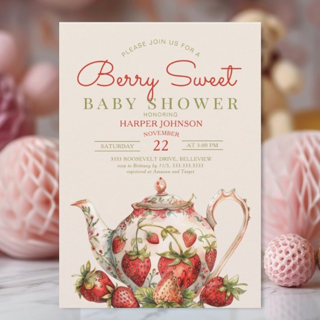 Invitación Baby Shower Strawberry Berry Sweet Teapot (Subido por el creador)