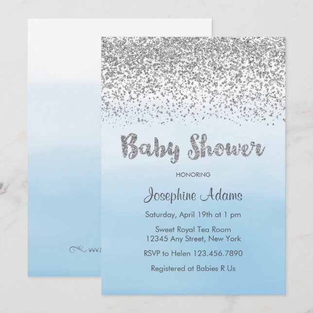 Invitación Baby Shower suave azul y plateado (Anverso / Reverso)