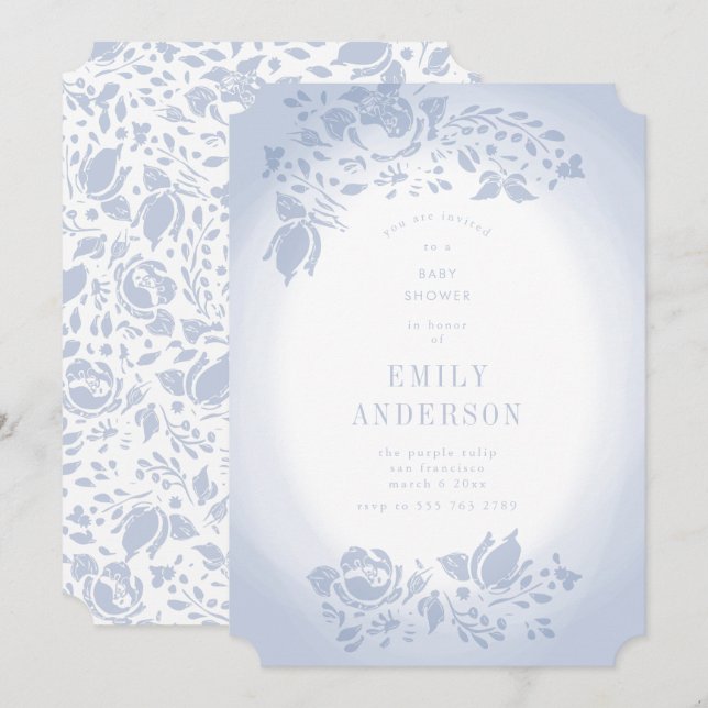 Invitación Baby Shower suave romántica floral azul (Anverso / Reverso)