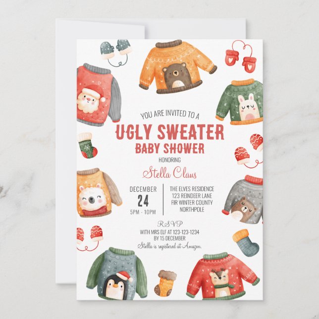 Invitación Baby Shower, suéter fea, ducha de Navidades (Anverso)