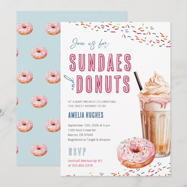 Invitación Baby Shower Sundaes Milkshakes Donuts Brunch Lunch (Anverso / Reverso)