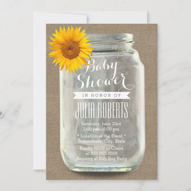 Invitación Baby Shower Sunflower & Mason Jar Burlap (Anverso)