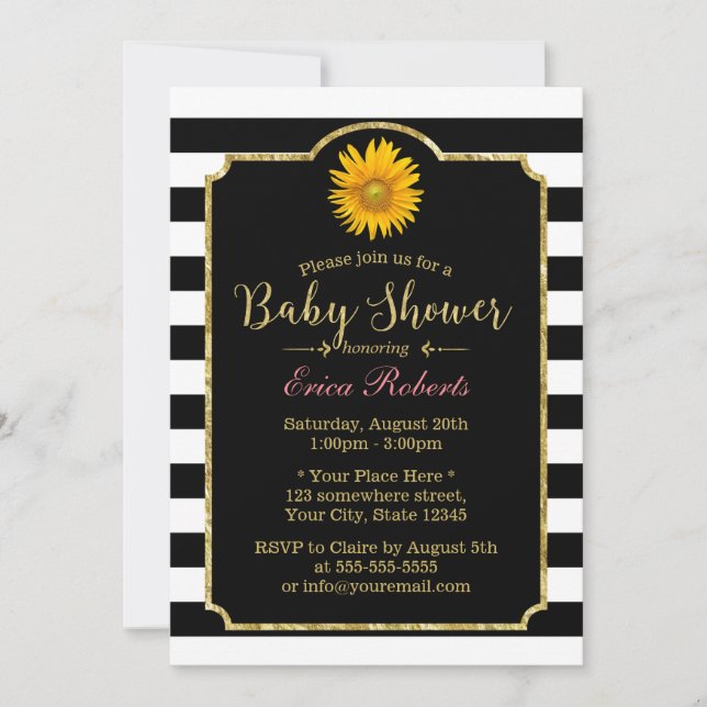 Invitación Baby Shower Sunflower Modern Black & White Stripes (Anverso)
