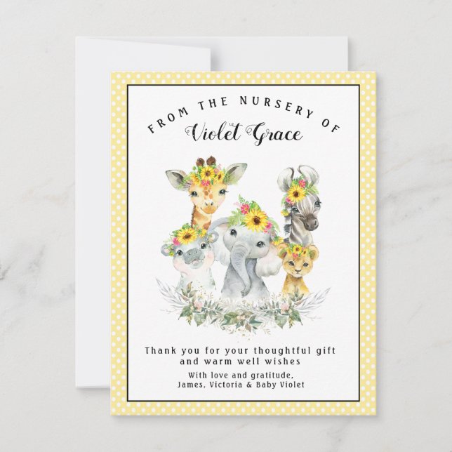 Invitación Baby Shower Sunflower Safari Gracias Cartas (Anverso)