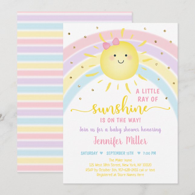 Invitación Baby Shower Sunshine Rainbow Pink Gold Pastel (Anverso / Reverso)