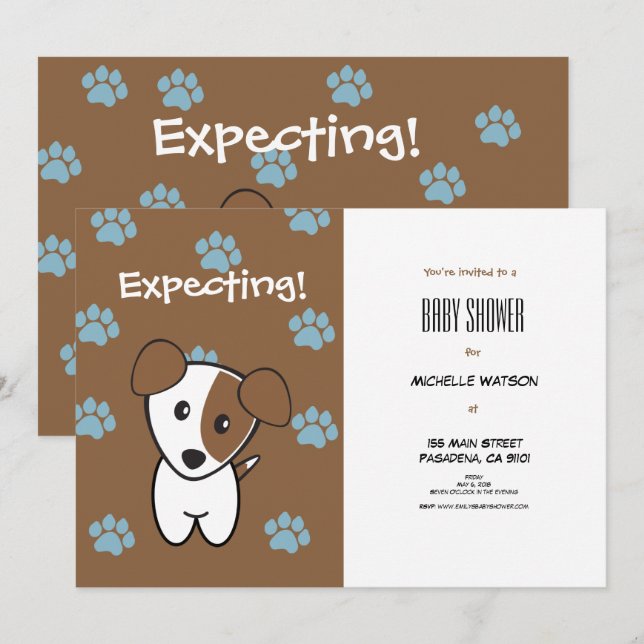 Invitación Baby Shower Super Cute Brown y Blue Terrier (Anverso / Reverso)