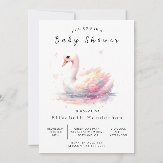 Invitación Baby Shower Swan editable moderno (Anverso)