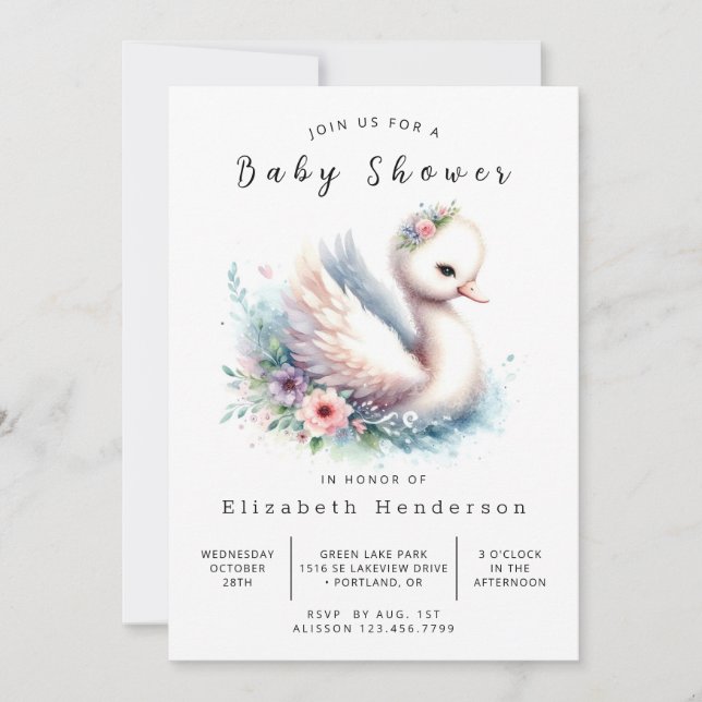 Invitación Baby Shower Swan simple editable (Anverso)