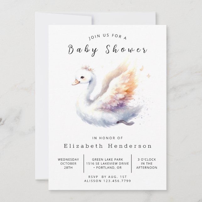 Invitación Baby Shower Swan simple editable (Anverso)