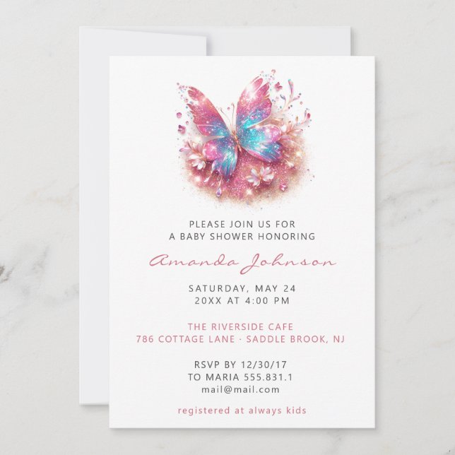Invitación Baby Shower Sweet 16th Butterfly Chica Pink White (Anverso)