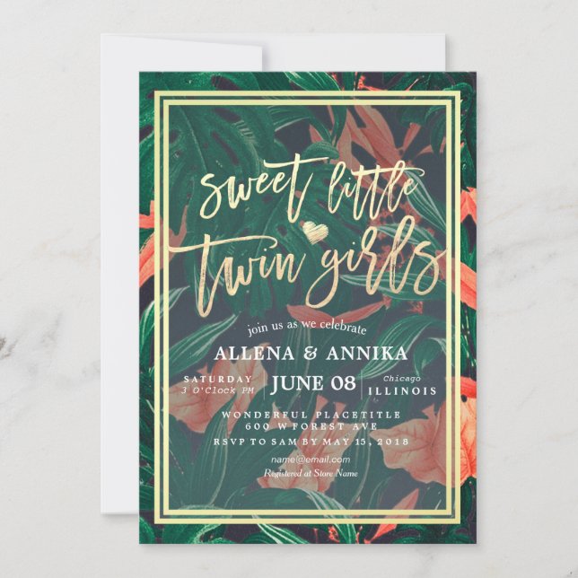 Invitación Baby Shower Sweet Little Twin Chica Tropical Flora (Anverso)