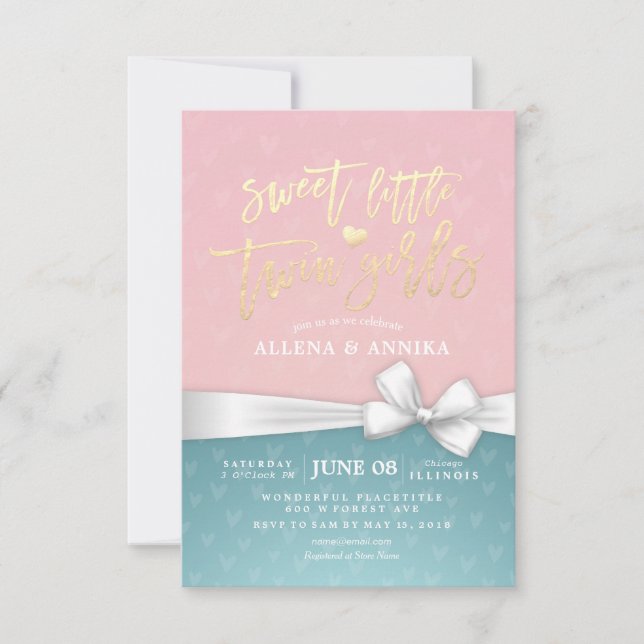 Invitación Baby Shower Sweet Little Twin Chicas Cinta blanca (Anverso)