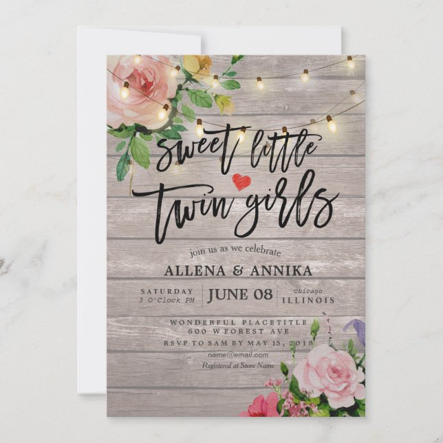 Invitación Baby Shower Sweet Little Twin Chicas Flores Madera (Anverso)