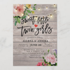 Invitación Baby Shower Sweet Little Twin Chicas Flores Madera