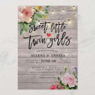 Invitación Baby Shower Sweet Little Twin Chicas Flores Madera