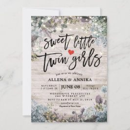 Invitación Baby Shower Sweet Little Twin Chicas Flores Madera