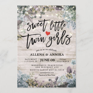 Invitación Baby Shower Sweet Little Twin Chicas Flores Madera