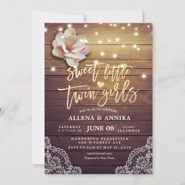 Invitación Baby Shower Sweet Little Twin Chicas Flores Madera (Anverso)