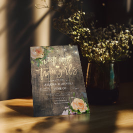 Invitación Baby Shower Sweet Little Twin Chicas Flores Madera