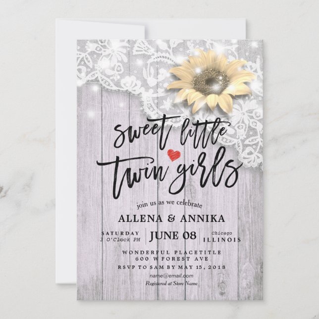Invitación Baby Shower Sweet Little Twin Chicas Lace Sunflowe (Anverso)