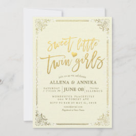 Invitación Baby Shower Sweet Little Twin Chicas marco de oro