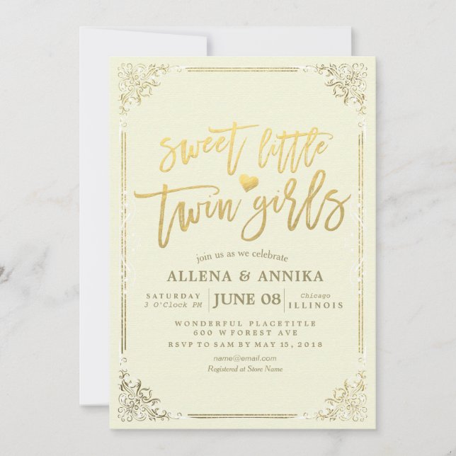 Invitación Baby Shower Sweet Little Twin Chicas marco de oro (Anverso)