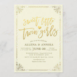 Invitación Baby Shower Sweet Little Twin Chicas marco de oro