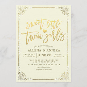 Invitación Baby Shower Sweet Little Twin Chicas marco de oro