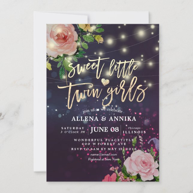 Invitación Baby Shower Sweet Little Twins Floral Purple Light (Anverso)